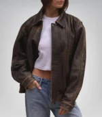 Women’s brown oversized bomber coat – real lambskin leather fashion