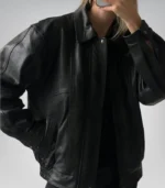 90s Vintage Black Lambskin Leather Bomber Jacket