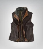 Dark Brown Leather Vest Western Cowboy Style with Shearling Collar