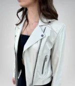 Stylish beige leather biker jacket for women made from real sheepskin