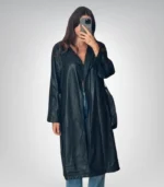 Retro black leather long coat – vintage trench jacket for women