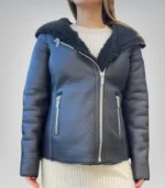 Women’s black biker jacket – shearling lined leather peplum coat