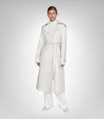 Premium women’s off-white trench coat – long leather fashion jacket