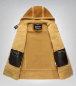 Men's Suede Leather Shearling Bomber Jacket Hooded Winter Coat