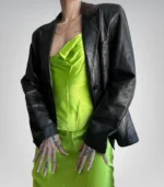 Women’s vintage black leather blazer – minimalist handmade sheepskin outerwear
