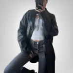 Long black leather coat – women’s vintage sheepskin buttoned design
