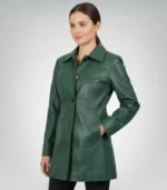 Stylish women’s green leather coat – mid-length buttoned design
