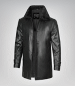 Men’s Classic Black Leather Long Coat – 3/4 Length with Shearling Style Collar - Image 3