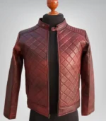 Men's Vintage Burgundy Red Leather Jacket Handmade Motorcycle Biker Coat with Diamond Quilted Design Genuine Leather Party Jacket