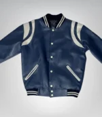Classic men’s navy blue sports leather jacket – varsity bomber style