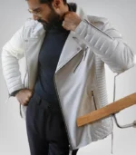 Premium white lambskin biker jacket for men – quilted moto outerwear