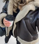 Women’s Brown B3 Bomber Jacket – Faux Shearling Leather, Double-Collared Pilot Jacket, Winter Gift
