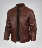 Luxury men’s cognac leather jacket with vintage quilted design