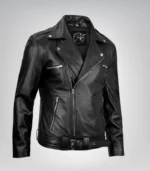 Stylish Negan men’s biker jacket made from genuine black leather with belted waist detail