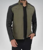 Army green and black leather biker jacket for men – café racer design