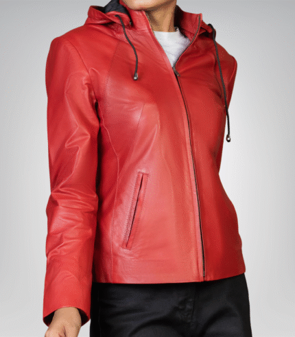 Versatile Women’s Red Leather Jacket – Jenny Detachable Hood Style
