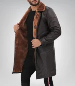 Men’s Dark Brown Leather Shearling Coat 3/4 Length - Image 4