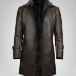 Men’s 3/4 length dark brown genuine leather coat with faux shearling lining