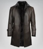 Men’s 3/4 length dark brown genuine leather coat with faux shearling lining