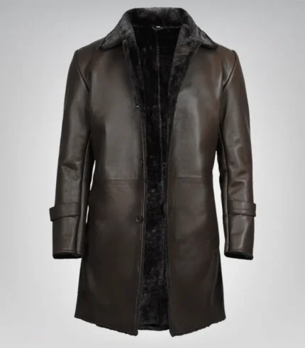 Men’s 3/4 length dark brown genuine leather coat with faux shearling lining