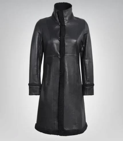 Classic women’s 3/4 leather coat in black – cozy faux shearling winter style