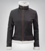 Women’s Mary B3 Dark Brown Shearling Leather Jacket with Removable Hood - Image 4
