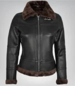 Alt Text: Timeless B3 aviator jacket for women in dark brown genuine shearling leather