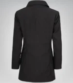 Alt Text: Timeless black lightweight coat for women with button down front