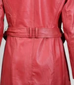 Women’s long red leather trench coat – classic robe belt outerwear