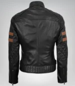 Black moto jacket for women – real leather with amber racing stripe accent