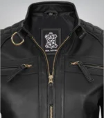 Black leather biker jacket for women – premium lambskin with gold accents