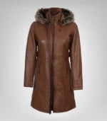 Women’s Brown Leather Coat with Removable Hood and Faux Fur Trim - Image 4
