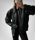 90s Vintage Black Lambskin Leather Bomber Jacket
