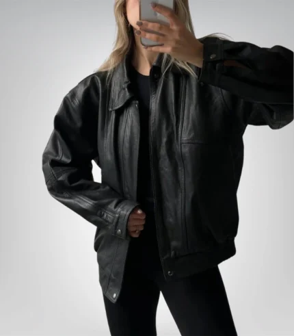 90s Vintage Black Lambskin Leather Bomber Jacket