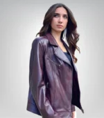 Stylish women’s leather bomber jacket – burgundy genuine leather design