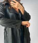 Elegant black leather trench coat – vintage longline jacket with belt
