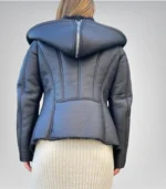 Stylish black leather moto jacket – shearling lining and peplum waist