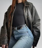 Classic distressed brown leather jacket – women’s oversized biker moto style