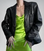 Premium black sheepskin leather blazer – women’s handmade minimalist coat