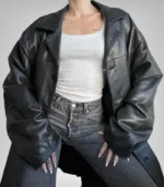 Premium women’s sheepskin leather coat – black long vintage outerwear