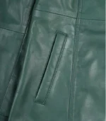 Women's Genuine Leather Mid-Length Green Coat with Buttons