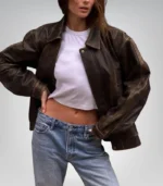 Brown lambskin bomber jacket for women – oversized casual style