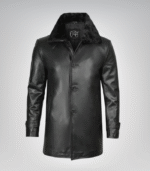Men’s Classic Black Leather Long Coat – 3/4 Length with Shearling Style Collar - Image 2