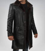 Men’s 3/4 Length Genuine Black Leather Coat with Brown Shearling Lining - Image 6