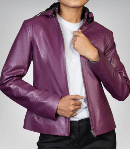 Versatile women’s purple leather jacket – hooded Jenny design for casual or formal wear