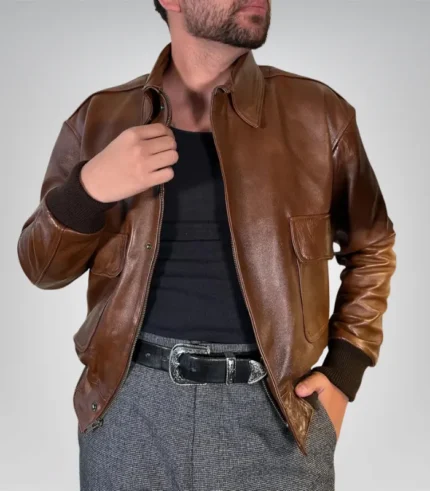 Men’s classic brown leather bomber jacket – vintage aviator style outerwear