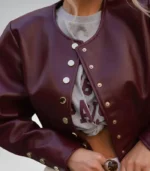 Trendy short burgundy leather jacket – elegant women’s cropped blazer