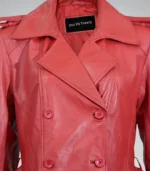 Women’s Long Red Leather Trench Coat – Classic Robe Belt Design