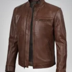 Men’s cognac leather biker jacket – genuine real leather, motorcycle style