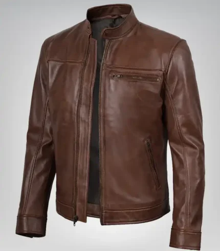 Men’s cognac leather biker jacket – genuine real leather, motorcycle style
